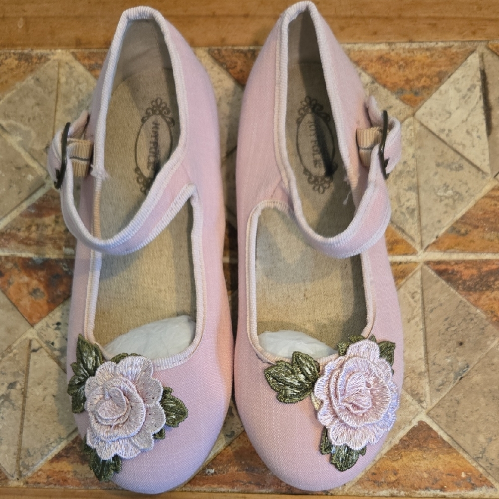 Joyfolie Girls Pink Floral Embroidered Mary Jane Linen Dress Shoes